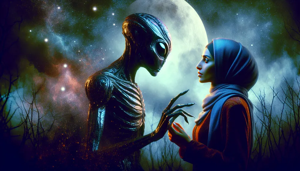 Dark romance concept art depicting an alien and human love story