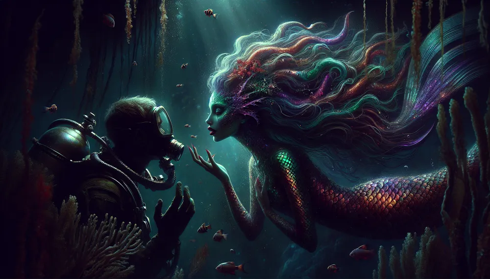 An illustration revealing the elusive and emotionally charged moment between a mermaid and a sailor as they share a deadly yet captivating kiss under the moonlight, embodying a dark romantic theme.