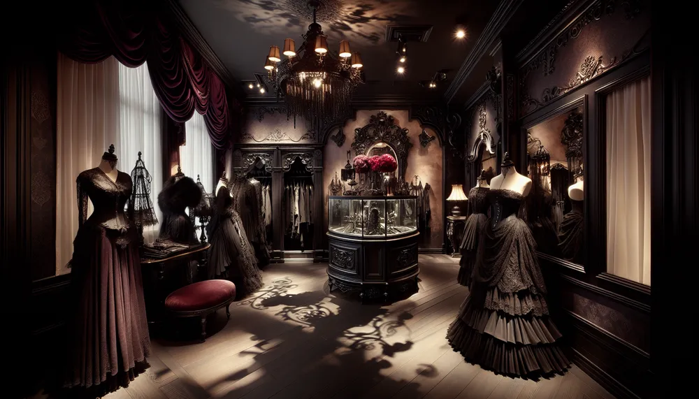 dark romance fashion shop with a mysterious and seductive aesthetic