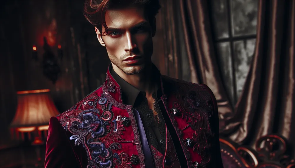 dark romance fashion style featuring deep reds and purples