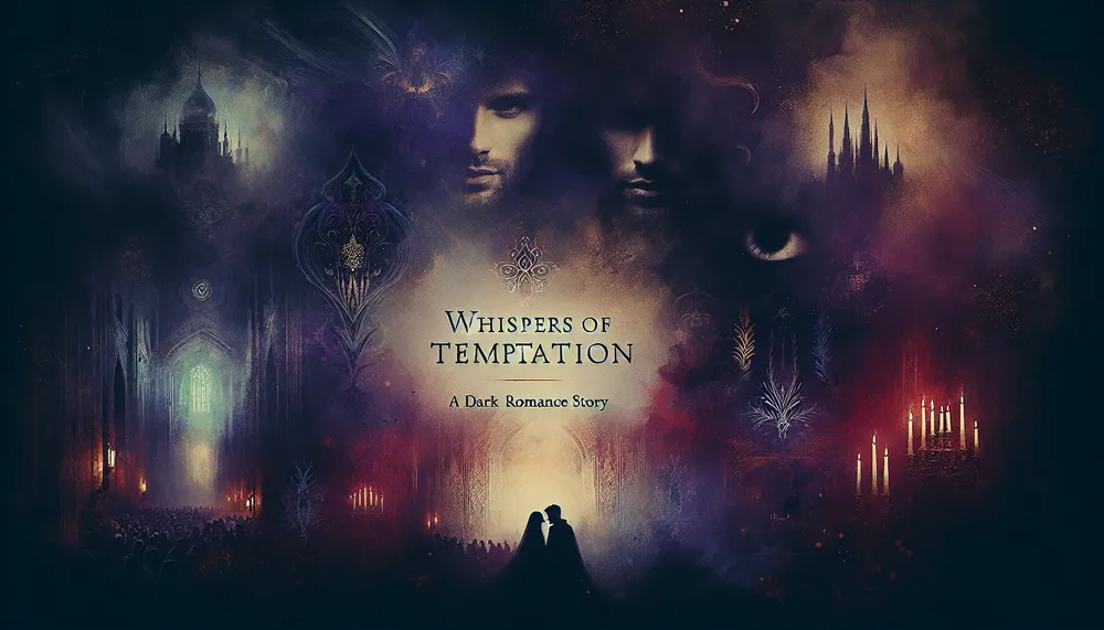 A shadowy and alluring book cover for a dark romance novel titled 'Whispers of Temptation: A Dark Romance Story'