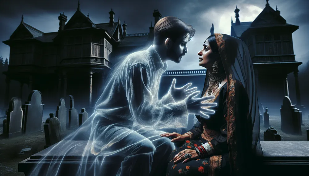 An illustration of ghostly love between a haunted widow and a spectral figure, embodying the essence of dark romance