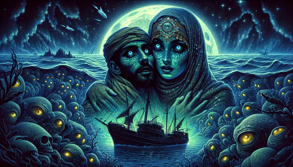 An ethereal mermaid with deep abyssal eyes embracing a shipwrecked sailor under the haunting moonlit sea.