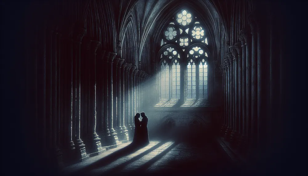 Shadowy figures embracing in a dark, gothic setting with a poetic essence