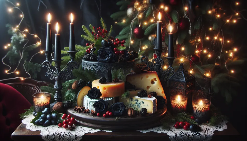 dark romance Christmas cheese platter with gothic elements and festive decorations