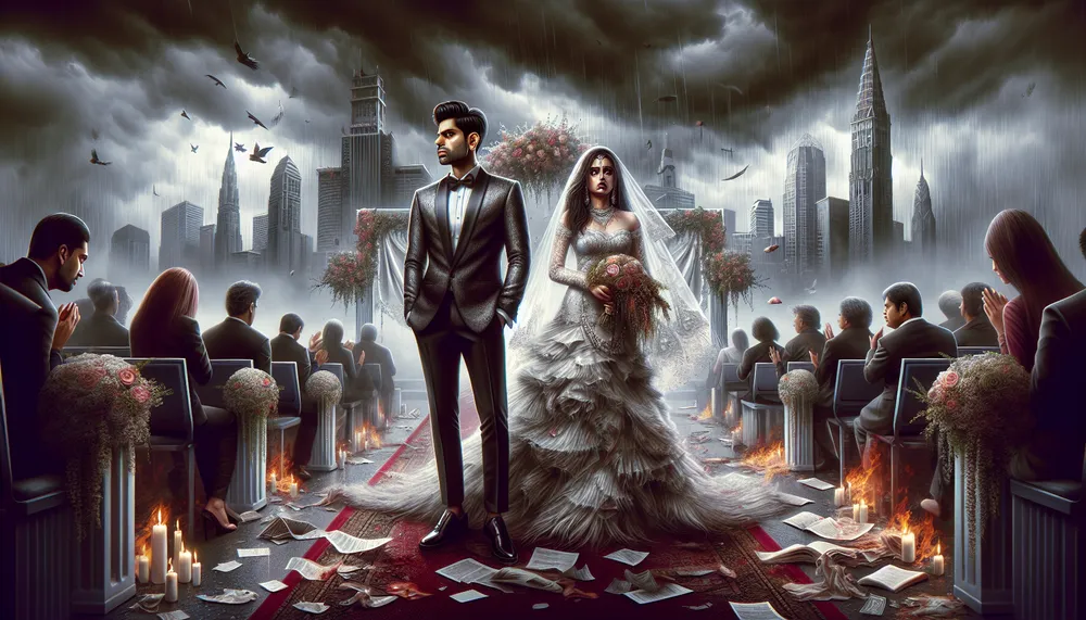 Fake marriage disaster dark romance theme, digital illustration