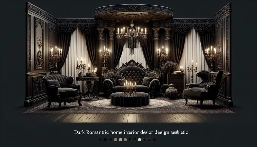 Dark romance home interior design aesthetic with luxurious and atmospheric elements, suitable for an Etsy theme