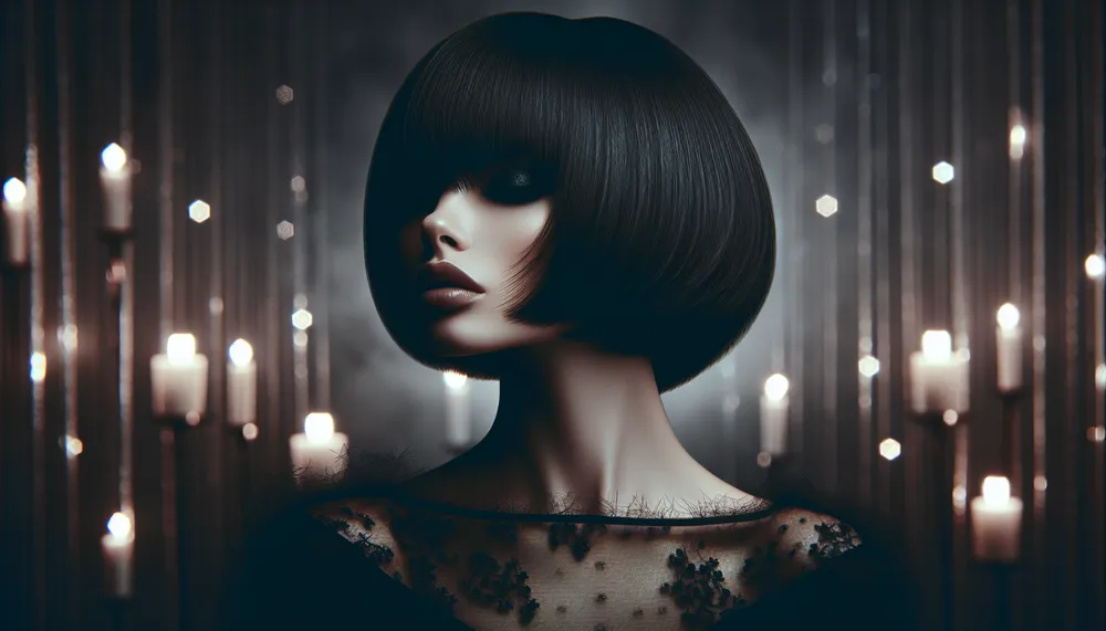 woman with a dark romance hairstyle and bob cut in a moody, stylish setting