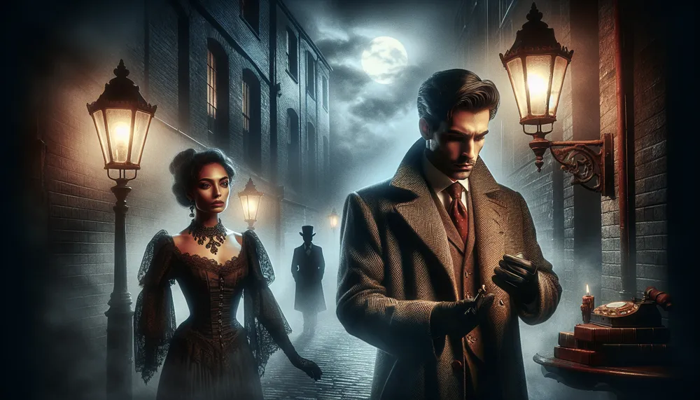 A dark, romantic detective story scene for a book cover