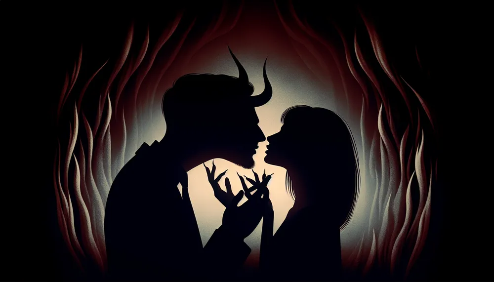 dark romance concept illustration featuring two silhouettes about to kiss, with a devilish and mysterious theme