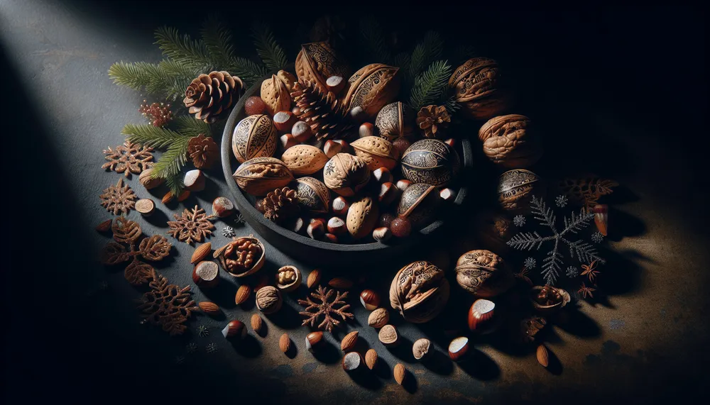 Artistic arrangement of Christmas nuts in a dark romance theme with atmospheric lighting
