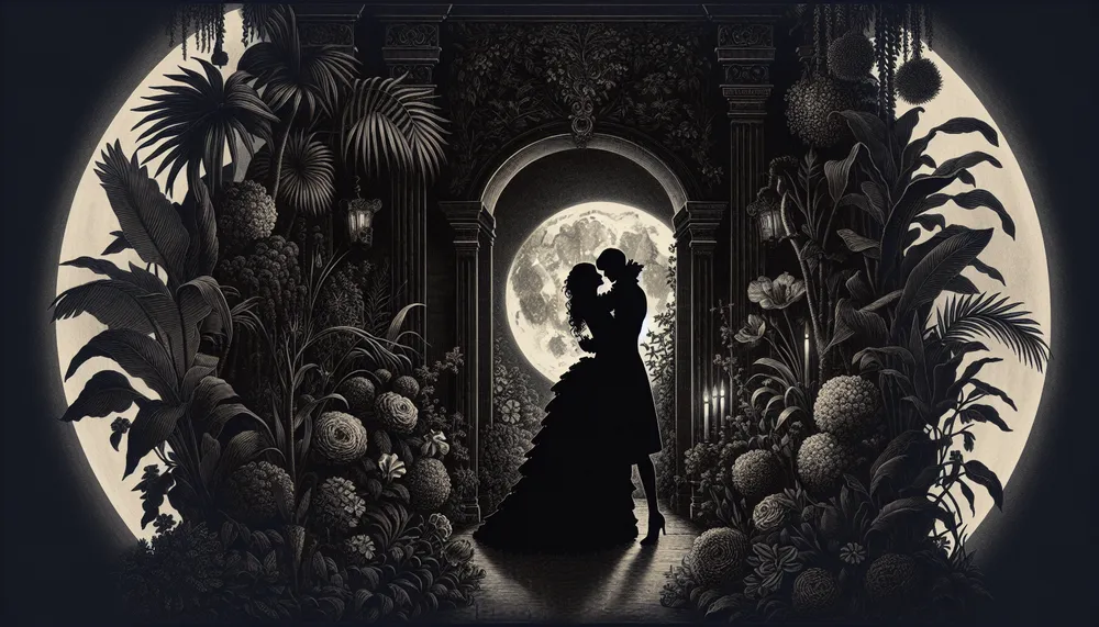 Dark romance theme with elements of forbidden passion and mysterious love