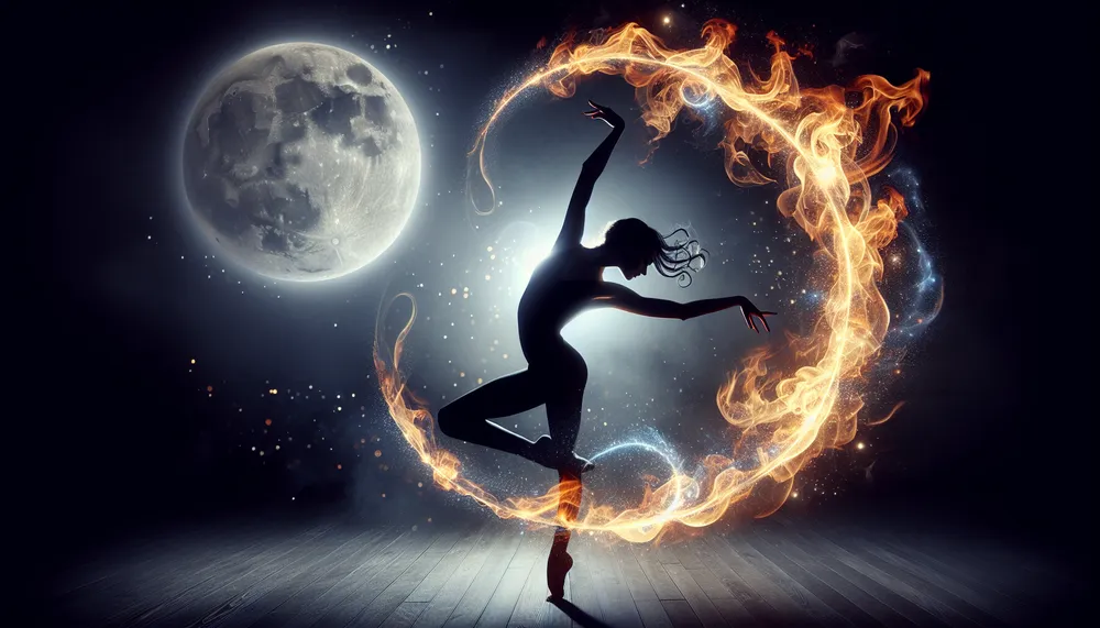 a silhouetted dancer surrounded by flames in a mysterious and romantic setting