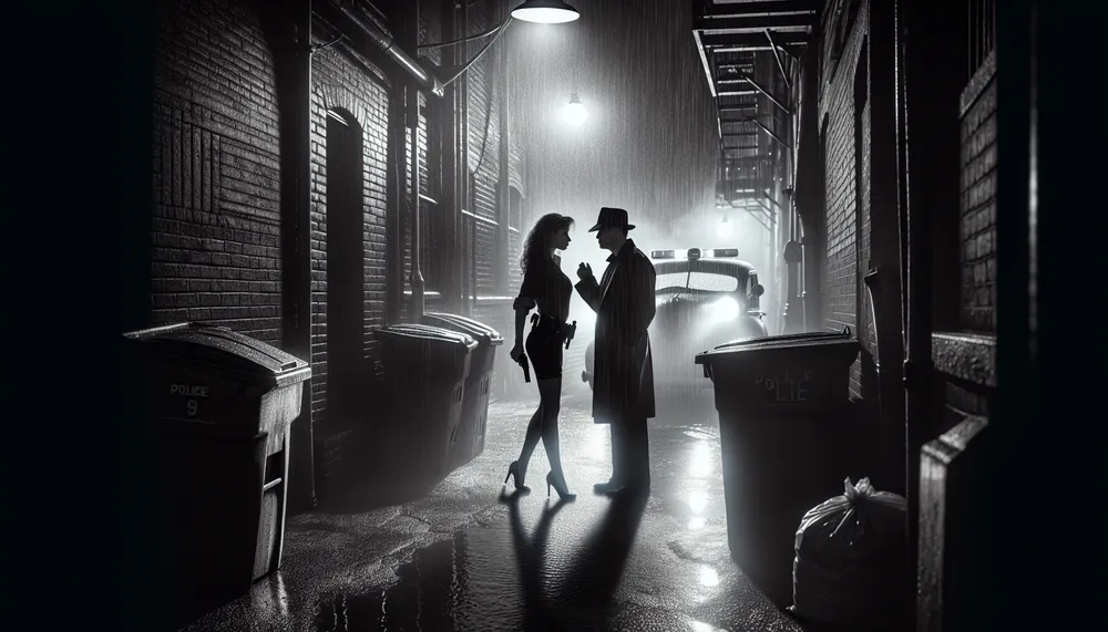 A dark and mysterious portrayal of a romantic encounter between a cop and a shadowy figure in a rain-drenched alleyway, suggestive of temptation and inner conflict, with a noir aesthetic.