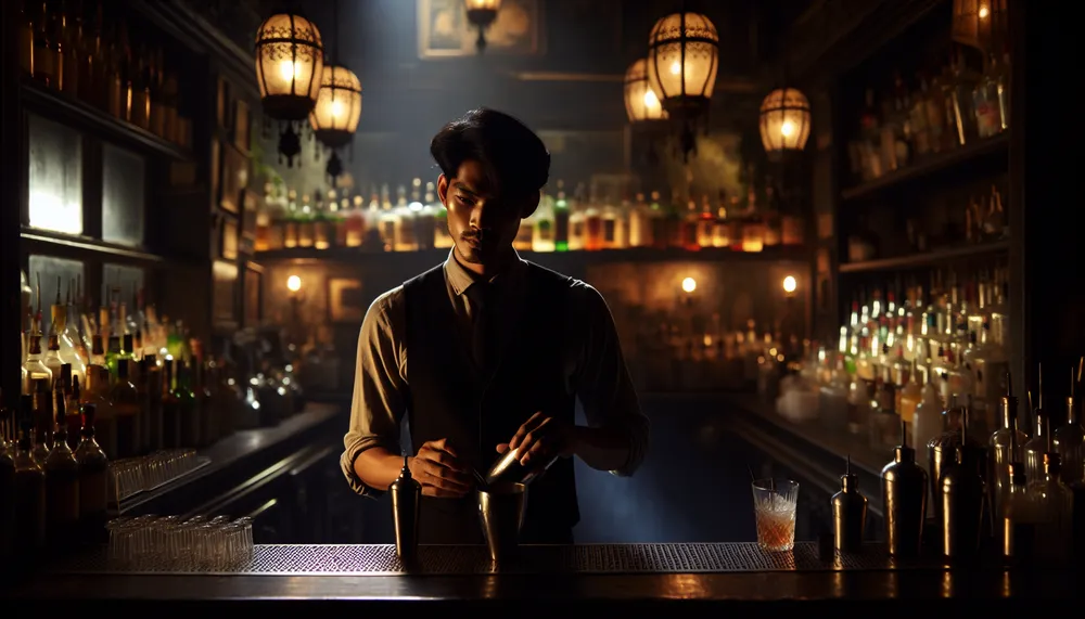 A romantic and mysterious bartender preparing a signature cocktail in a dimly lit, vintage bar, with an air of dark romance surrounding the scene.