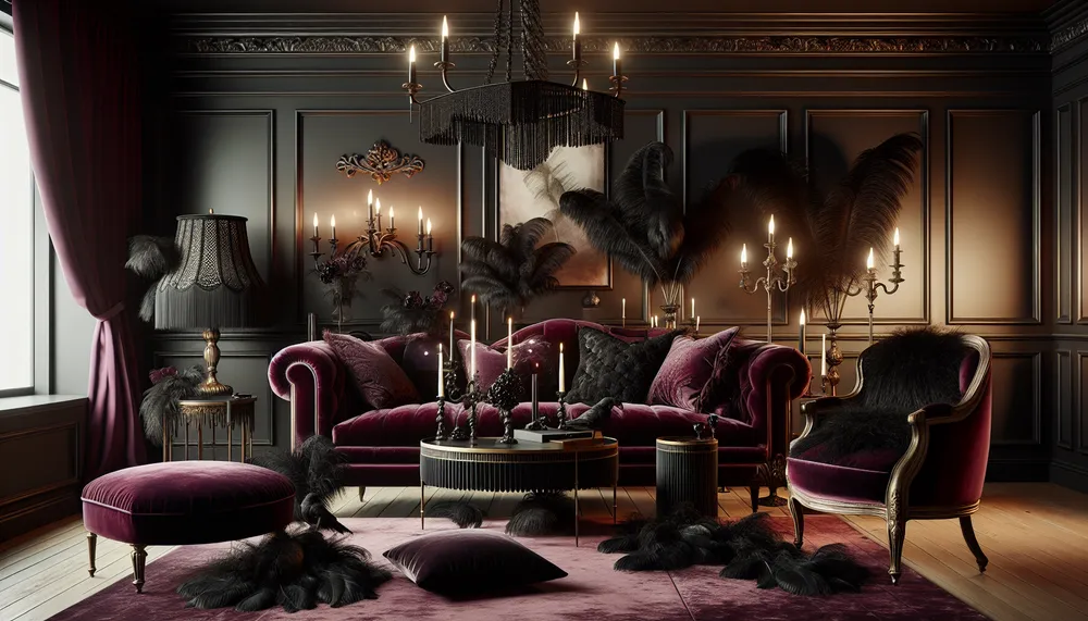 dark romance interior design with feathers