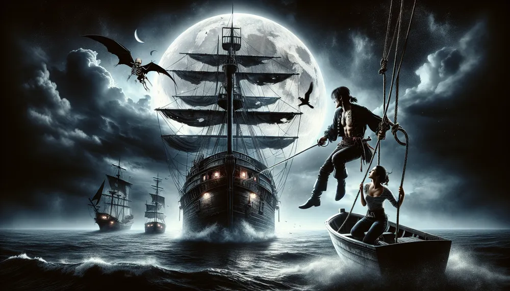 a dark, romantic and thrilling pirate abduction scene, suitable for a book cover
