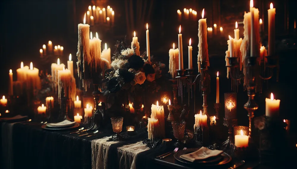 Romantic candlelight setting at a dark romance wedding ceremony with gothic elements