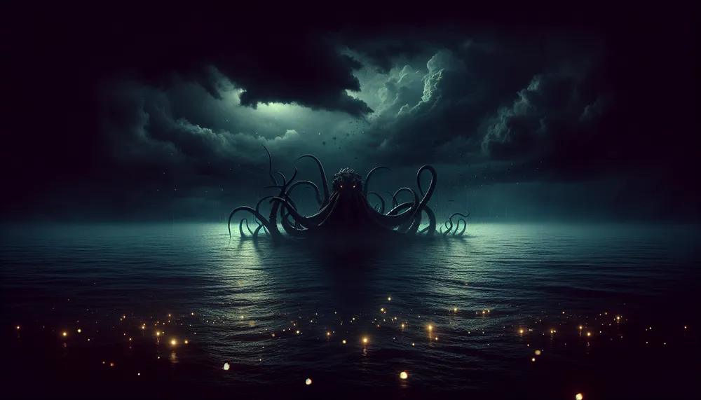 A dark and brooding ocean scene with a Kraken subtly emerging, portraying a sense of romance and terror