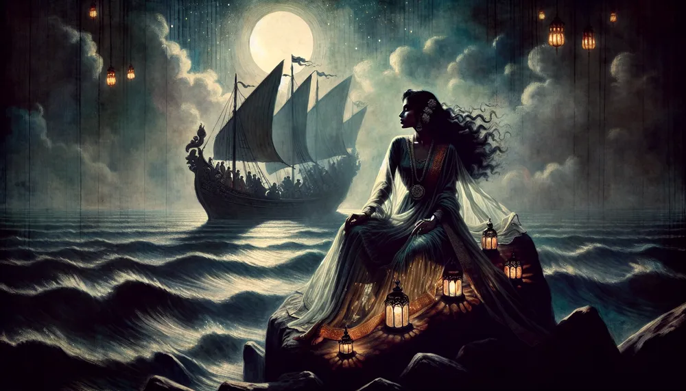 A mysterious siren singing in the moonlight with a ship approaching in the background