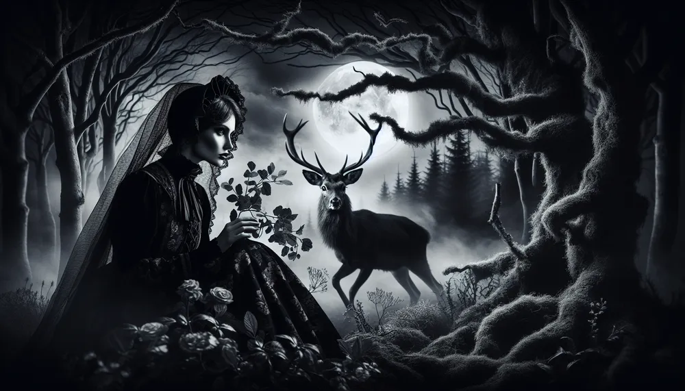 A dark and romantic gothic scene depicting the symbolic representation of a hunter and their prey in a mysterious forest ambiance.