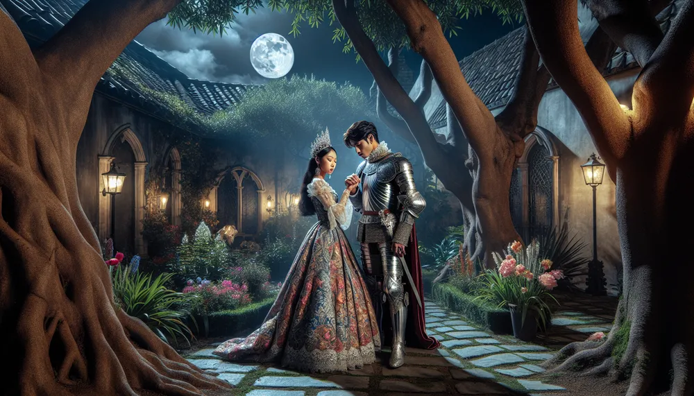 A princess secretly meeting a knight in a moonlit medieval garden
