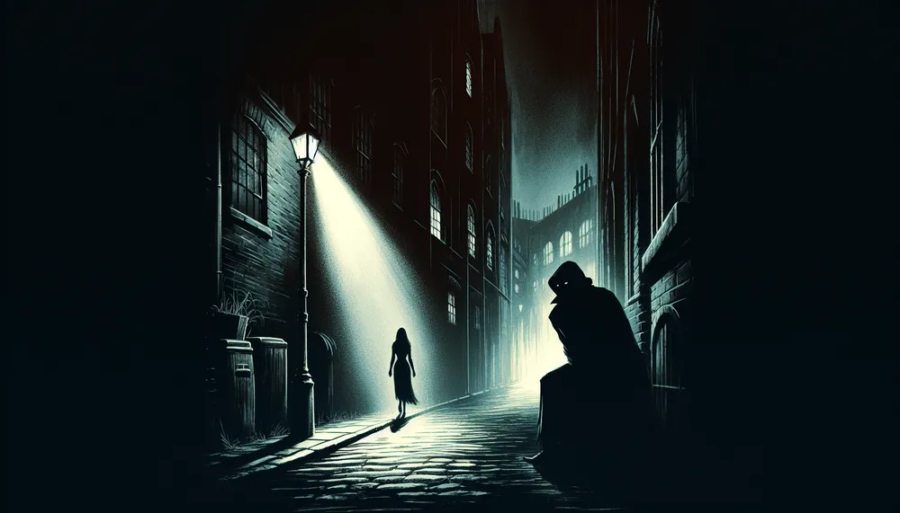 A dark romantic suspenseful illustration representing a stalker and prey concept, with shadows and a sense of danger, suitable for a book cover