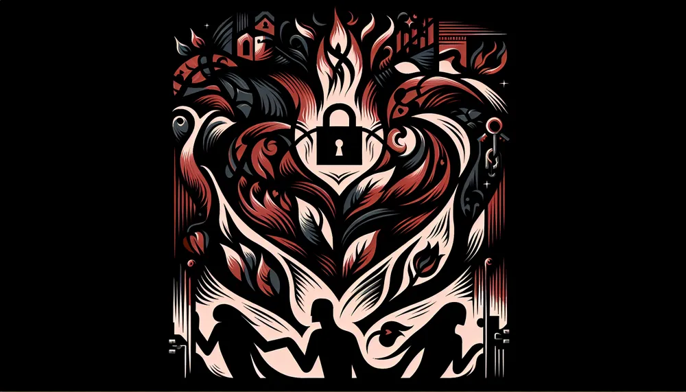 Illustration of dark romance and forbidden love, with abstract symbols of imprisonment and passion