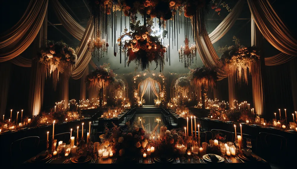 dark romance wedding theme with an enchanted aesthetic, showing venue decorations, floral arrangements and a mysterious atmosphere