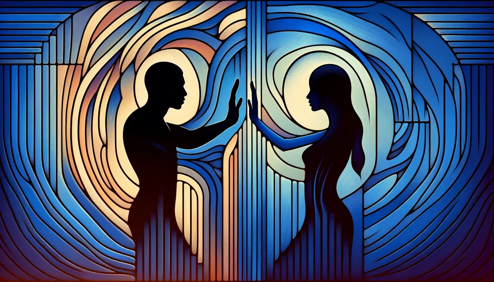 A stylized representation of forbidden romance, featuring shadowed figures reaching out to each other separated by an abstract barrier symbolizing societal norms or law.