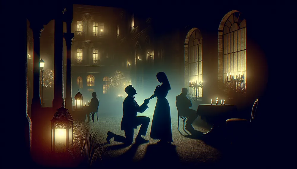 A shadowy image of a mysterious CEO proposing in a dark, romantic setting