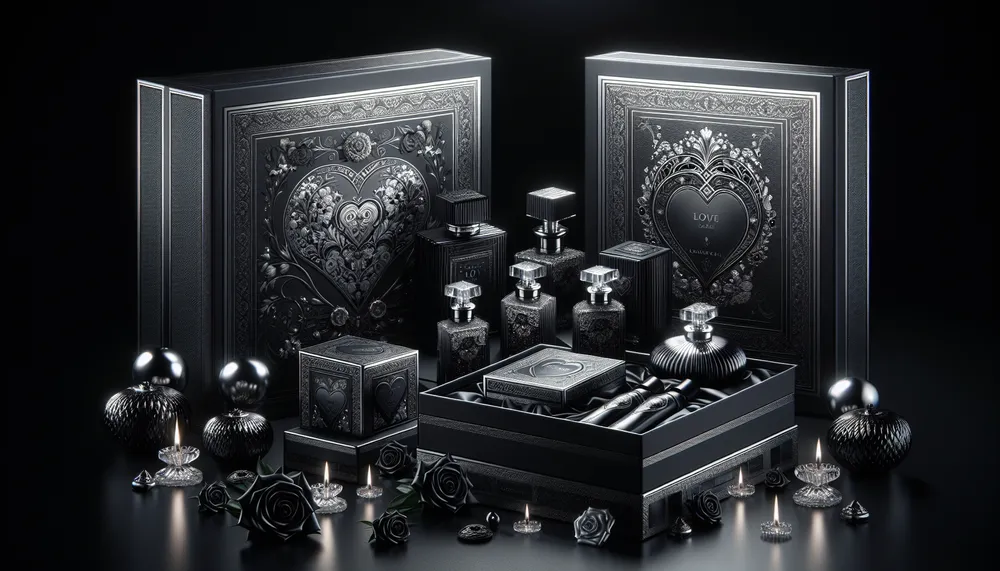 dark romance perfume gift set, elegant and mysterious packaging, high-end
