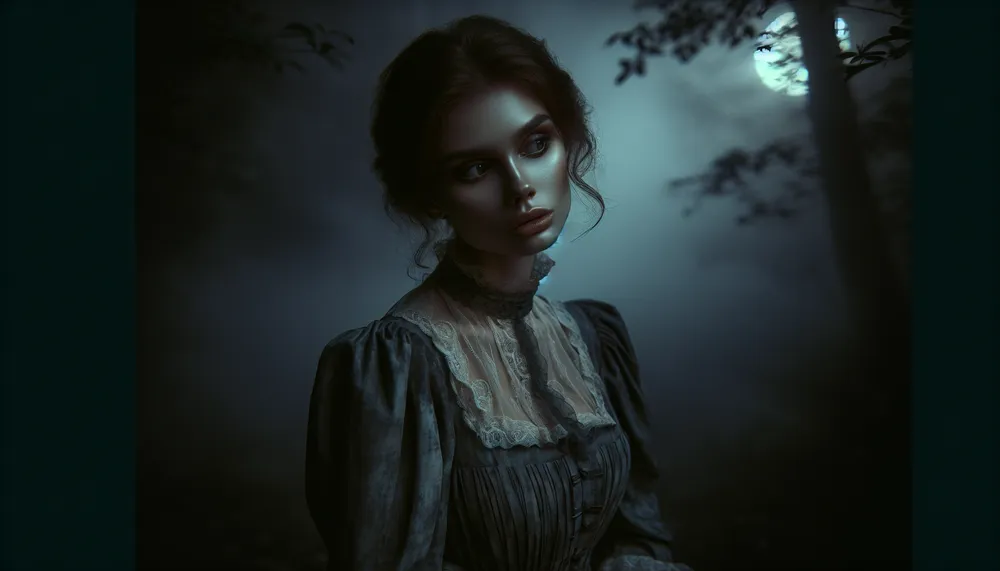 A mysterious and haunting illustration of an artist's muse in a dark romantic setting.