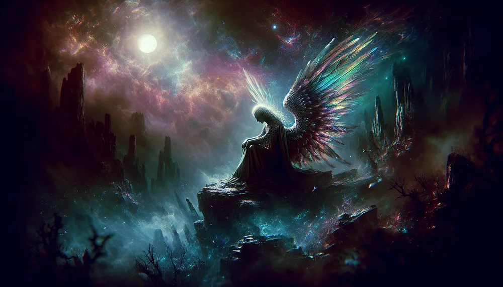 A hauntingly beautiful image depicting the concept of a fallen angel, with a dark romantic atmosphere suitable for a poetry anthology cover