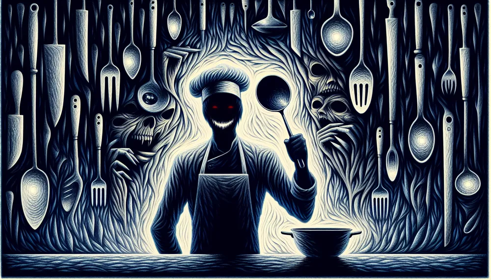 abstract dark romantic illustration for a poem about a cannibal chef