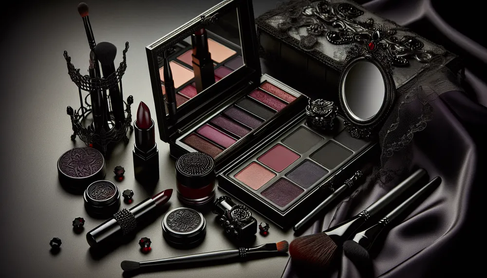dark romance makeup set with items arranged artistically