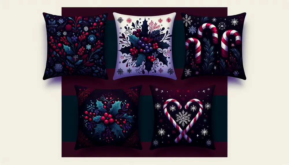 artistic representation of dark romance holiday-inspired pillows, combining Christmasy elements with a gothic touch