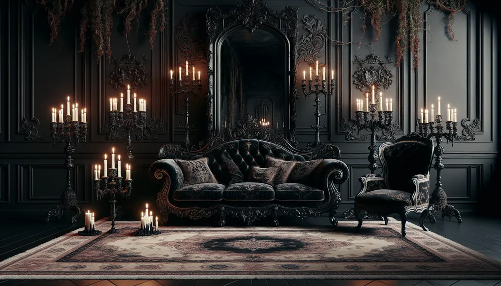 Dark romance decor interior design with elegant gothic elements