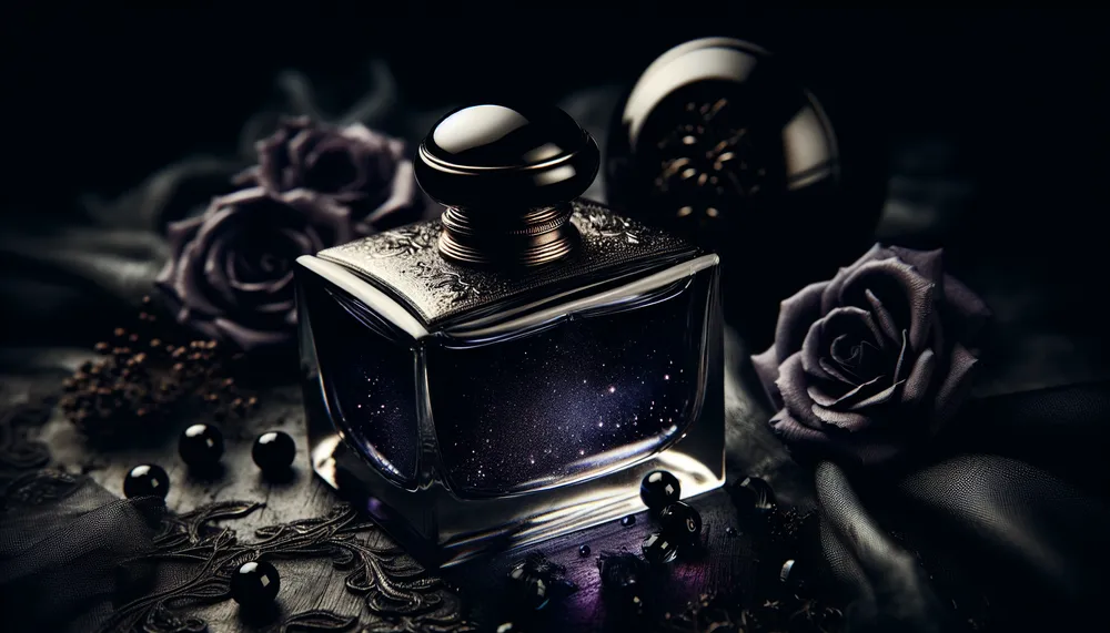dark romance perfume oil by aura, luxurious and mysterious fragrance, black and purple aesthetic