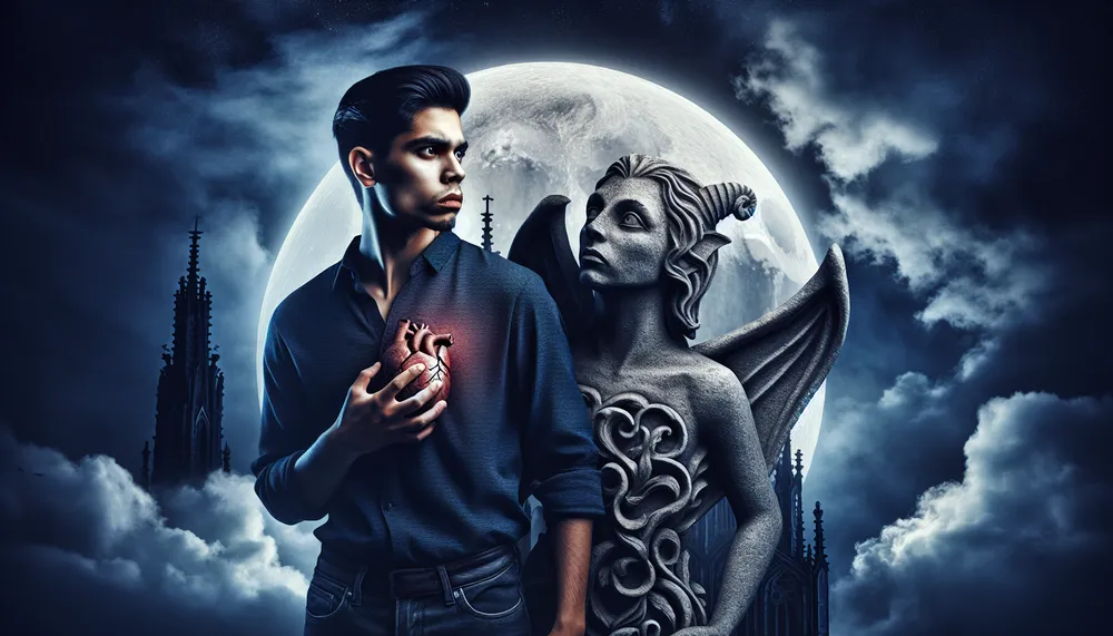 an intricate, dark romantic scene between a human and a gargoyle with a visible stone heart, under the moonlight, embodying a gothic atmosphere