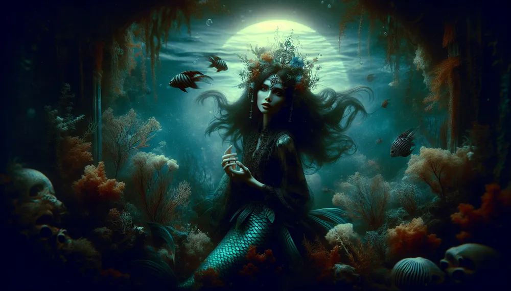 dark cursed mermaid in love illustration