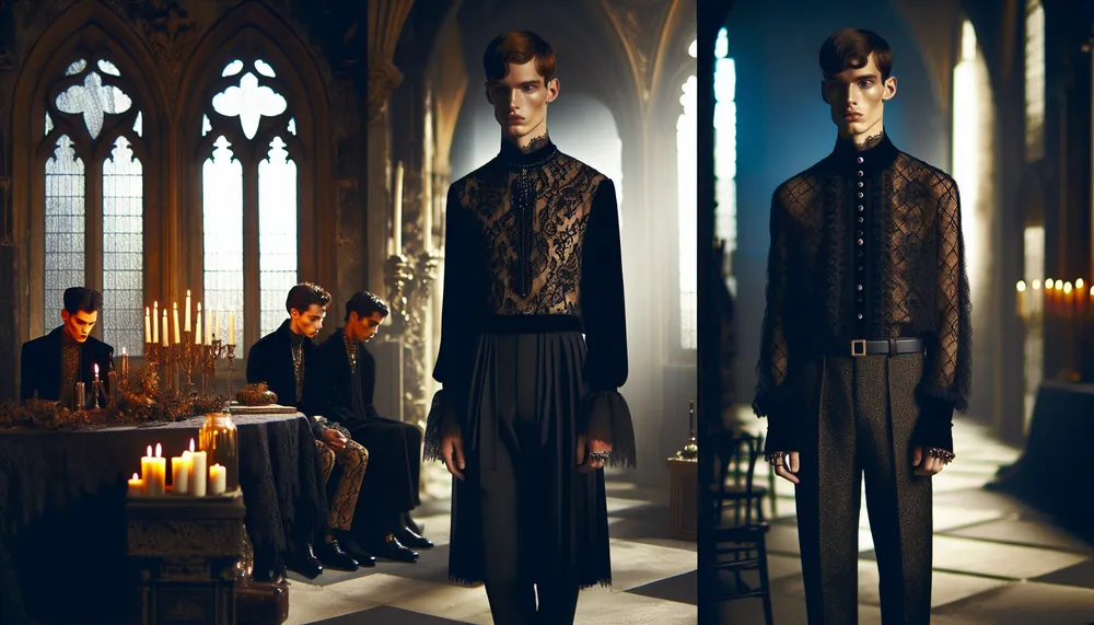 dark romance fashion editorial image, high contrast with gothic elegance and modern chic accents