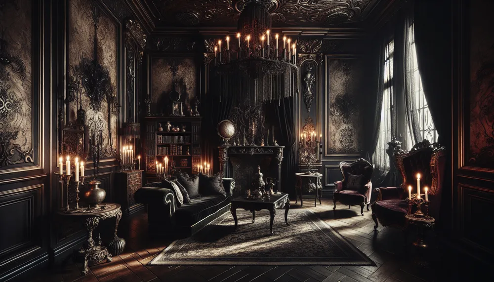 Dark romance decor glam room interior with moody lighting and luxurious gothic elements