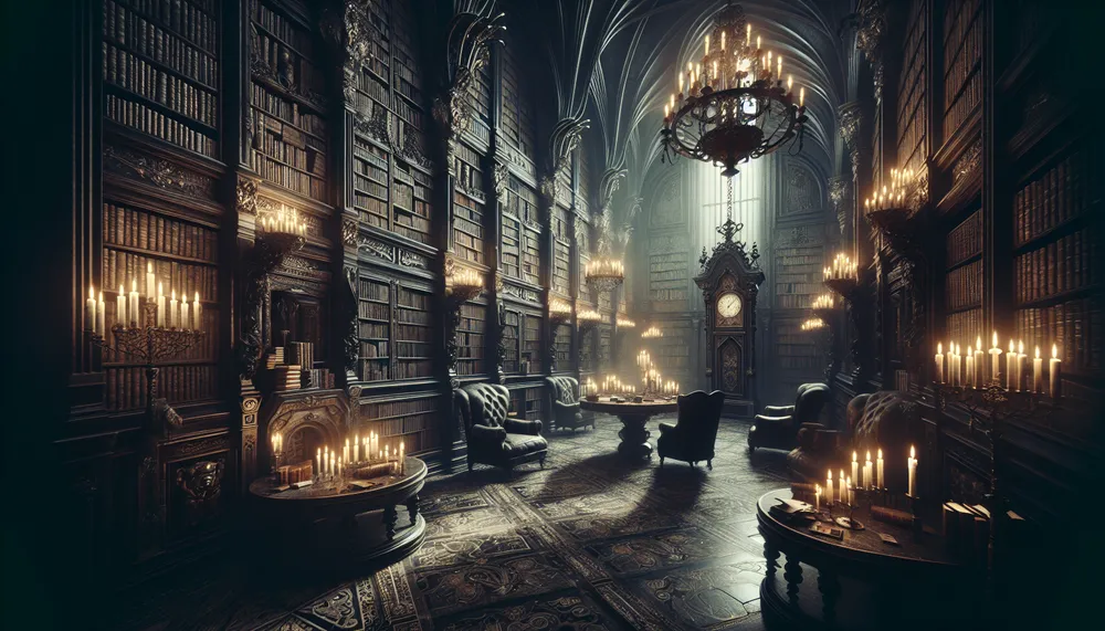 dark romantic library with mysterious atmosphere