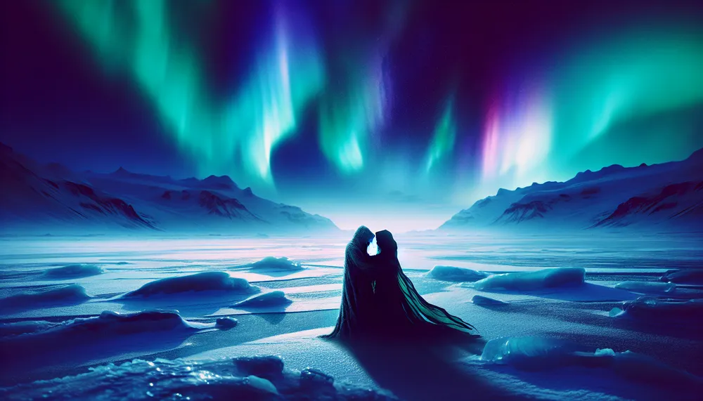 Artistic representation of a dark romance story set on an icy landscape, featuring two silhouetted figures in an embrace, with the aurora borealis in the background