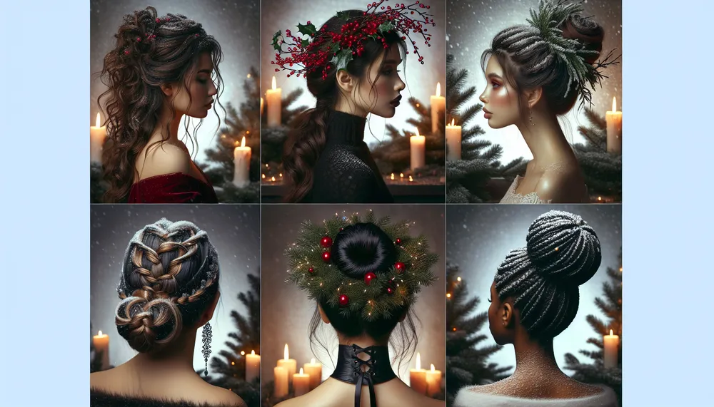 A stylized image of dark romance hairstyles suitable for the Christmas season.