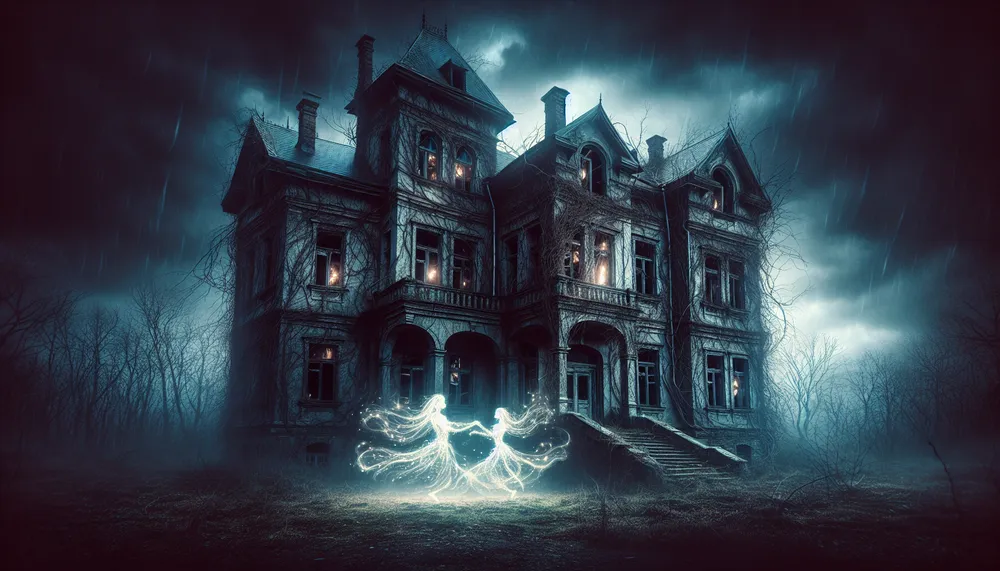 haunted house with ghosts depicting a dark romance theme