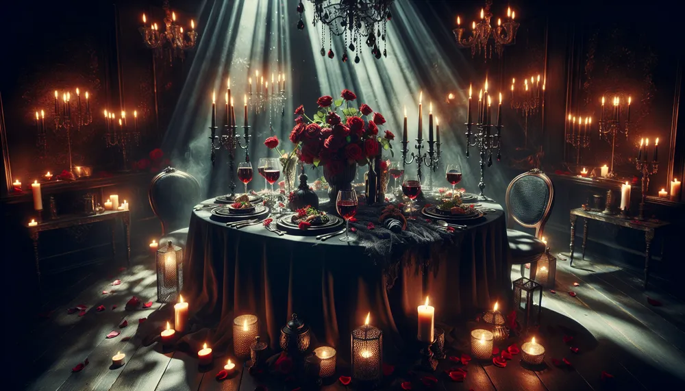 A mysterious and romantic dinner setting, with shadows and a sense of forbidden indulgence, embodying the essence of 'The Chef's Taste' in a dark romance theme.