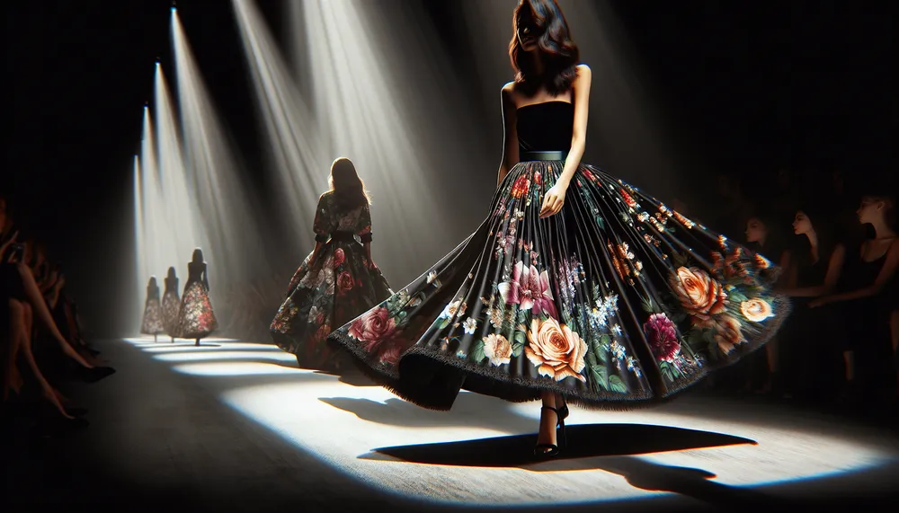 A model showcasing a dark romance floral skirt in a fashion design