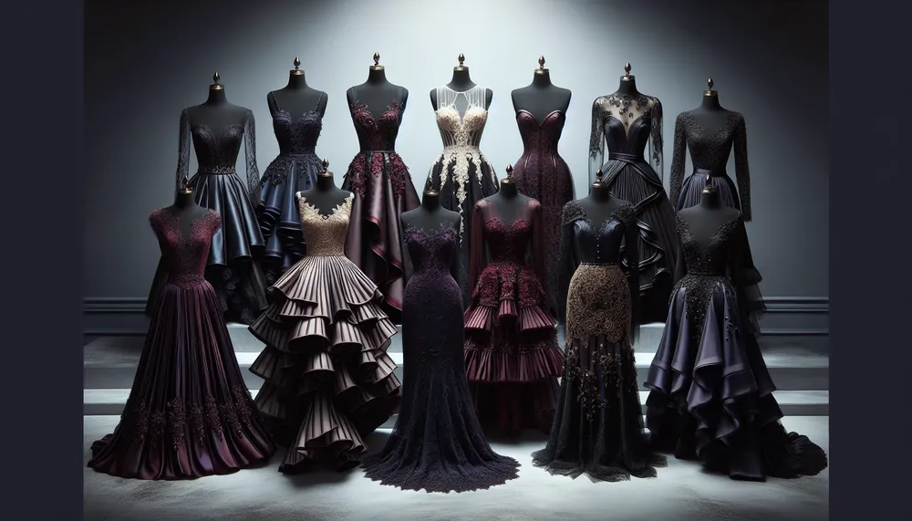 An elegant and mysterious depiction of dark romance trends in cocktail dresses.